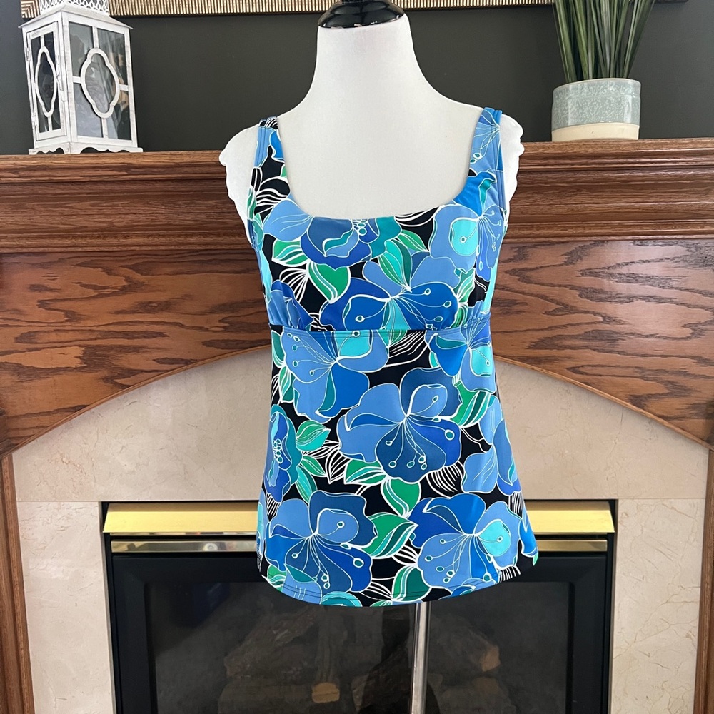 Lands'‎ End Women's Blue Floral Swimsuit Tankini Top Size 8D
